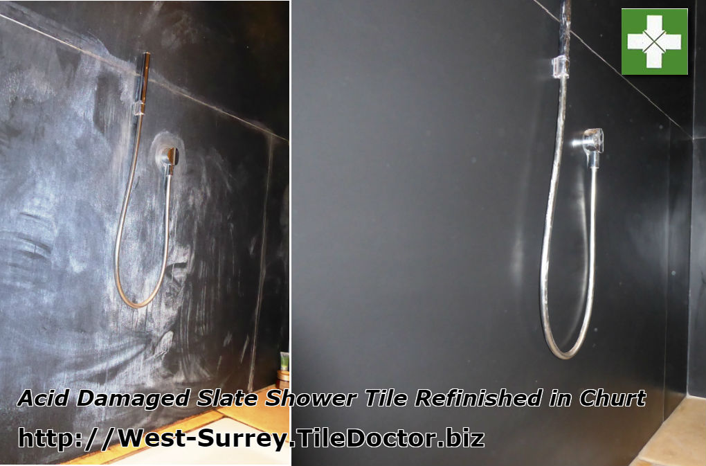 Black slate tiled shower before and after restoration in Churt