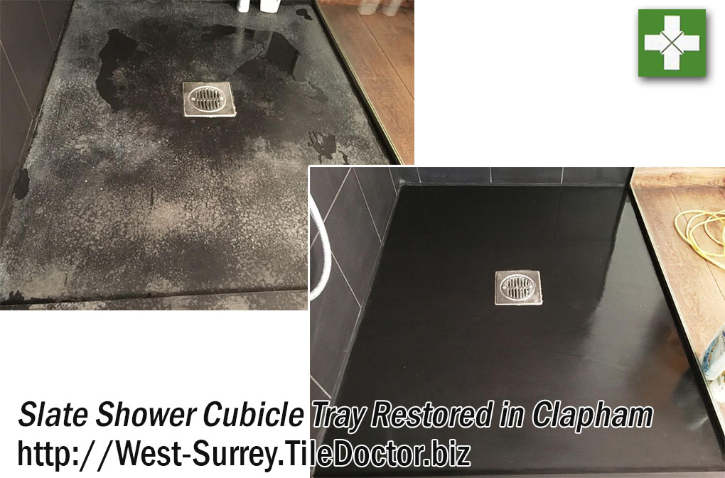 Badly Marked Slate Shower Tray in Clapham Before and After Restoration