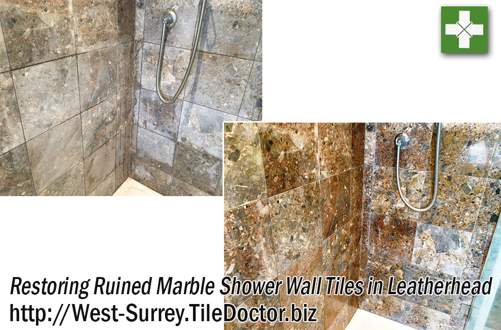 Marble Tiled Shower Before and After Restoration in Leatherhead