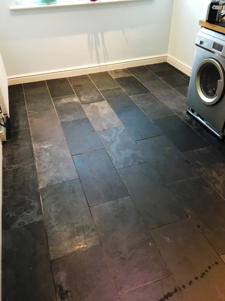 Repairing a Scratched Slate Tiled Kitchen floor in Weybridge - West ...