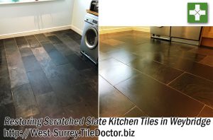 Slate Tiled Kitchen Floor Before and After Restoration in Weybridge
