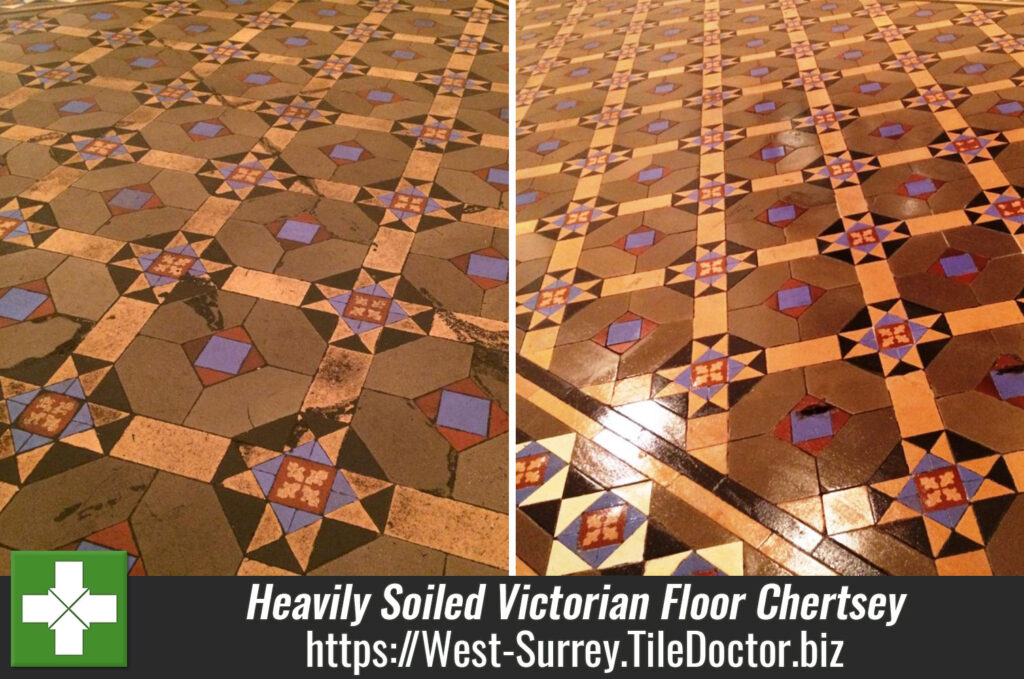 Heavily Soiled Victorian Tiled Floor Cleaned and Sealed at a Cafe in Chertsey