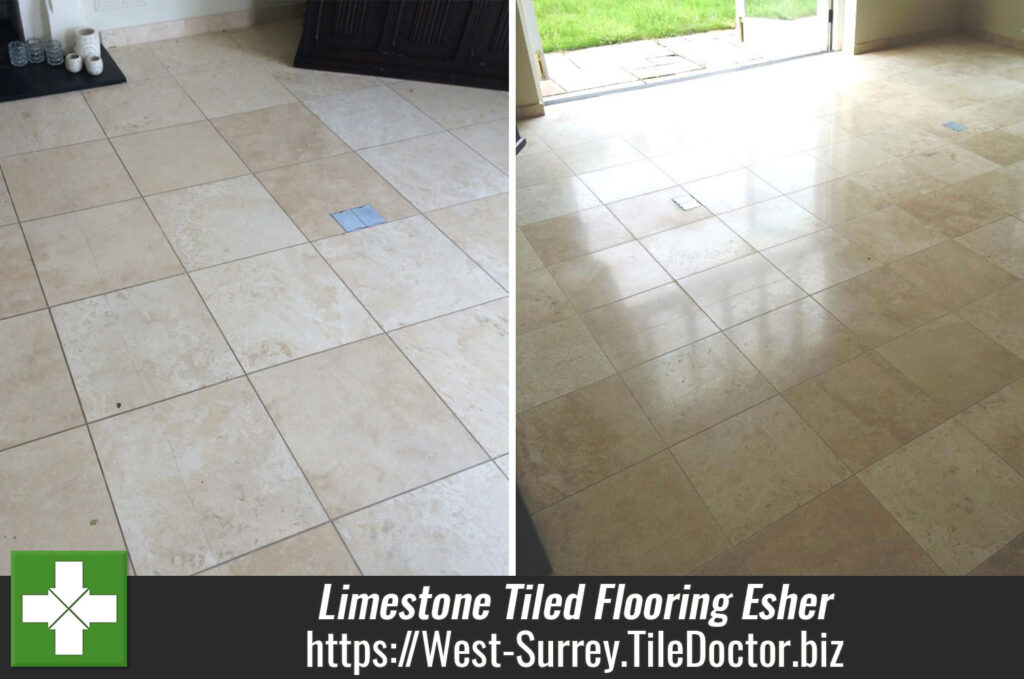 Large Area of Limestone Tiled Flooring Burnished in Esher