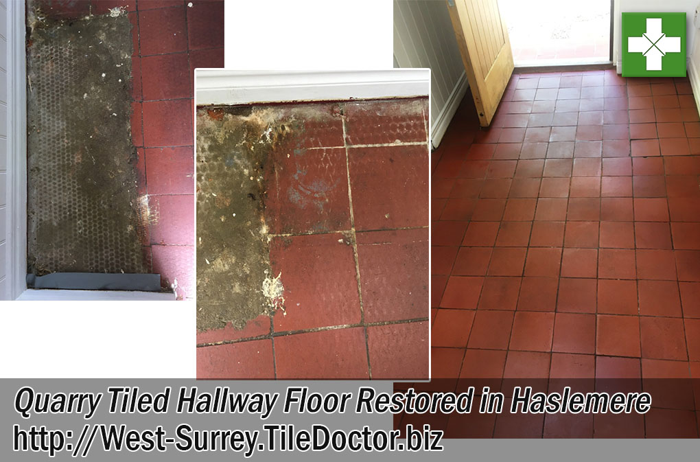 Quarry Tiled Hallway Floor Before and After Restoration in Haslemere