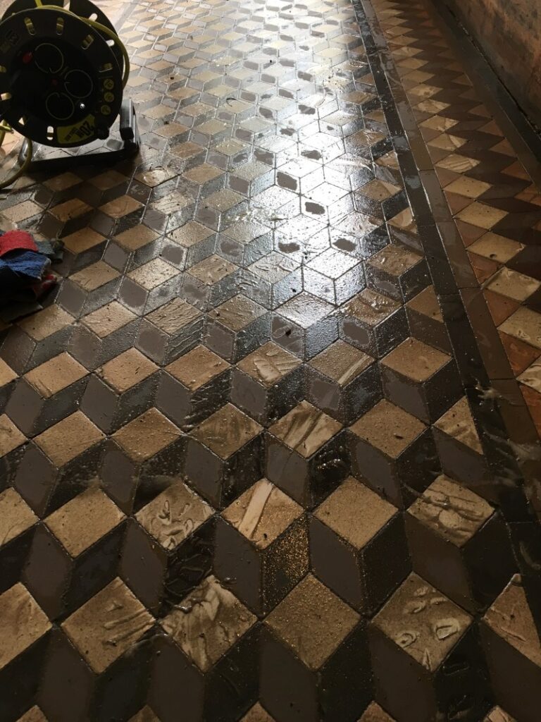 Victorian Tiled 3D Geometric Patterned Floor During Cleaning Guildford