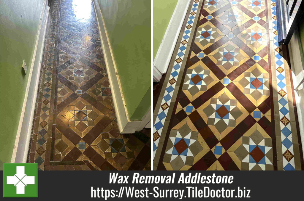 Wax Covered Victorian Tiled Hallway Floor Renovated in Addlestone